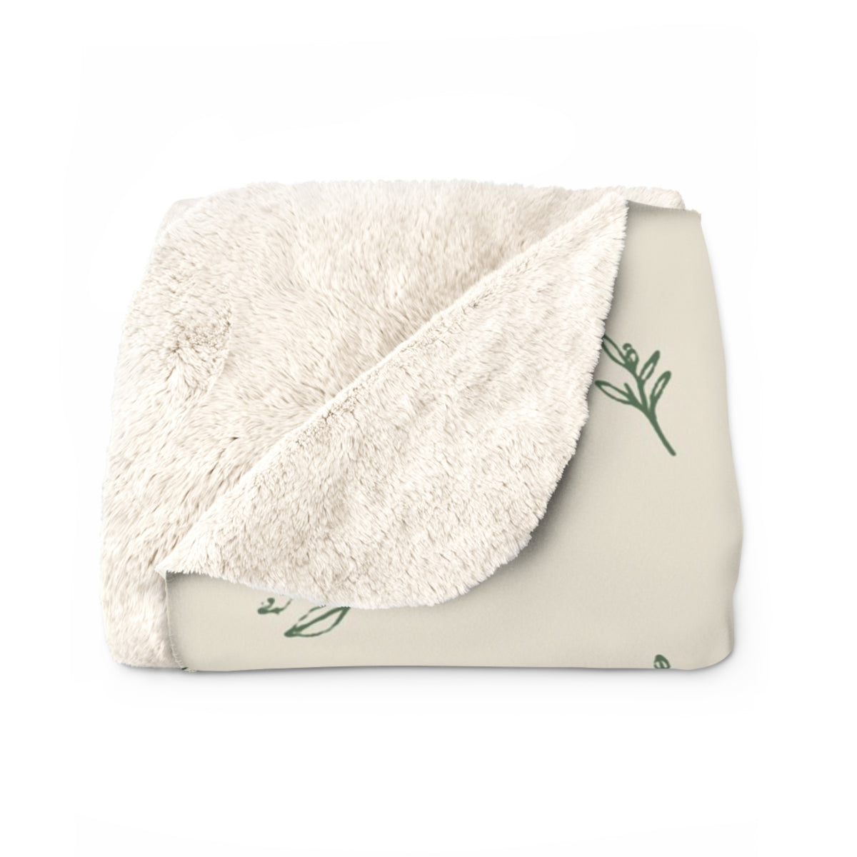 Cream Sage sherpa blanket folded to show the cream sherpa back
