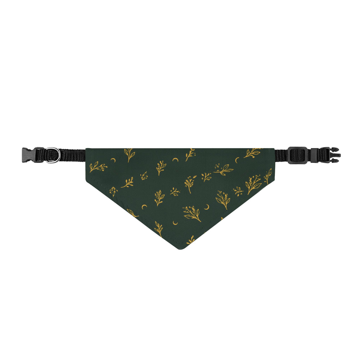 Botanical Gold clip-on pet bandana, size S: deep green with gold sprigs and crescent moons on a plain black adjustable collar