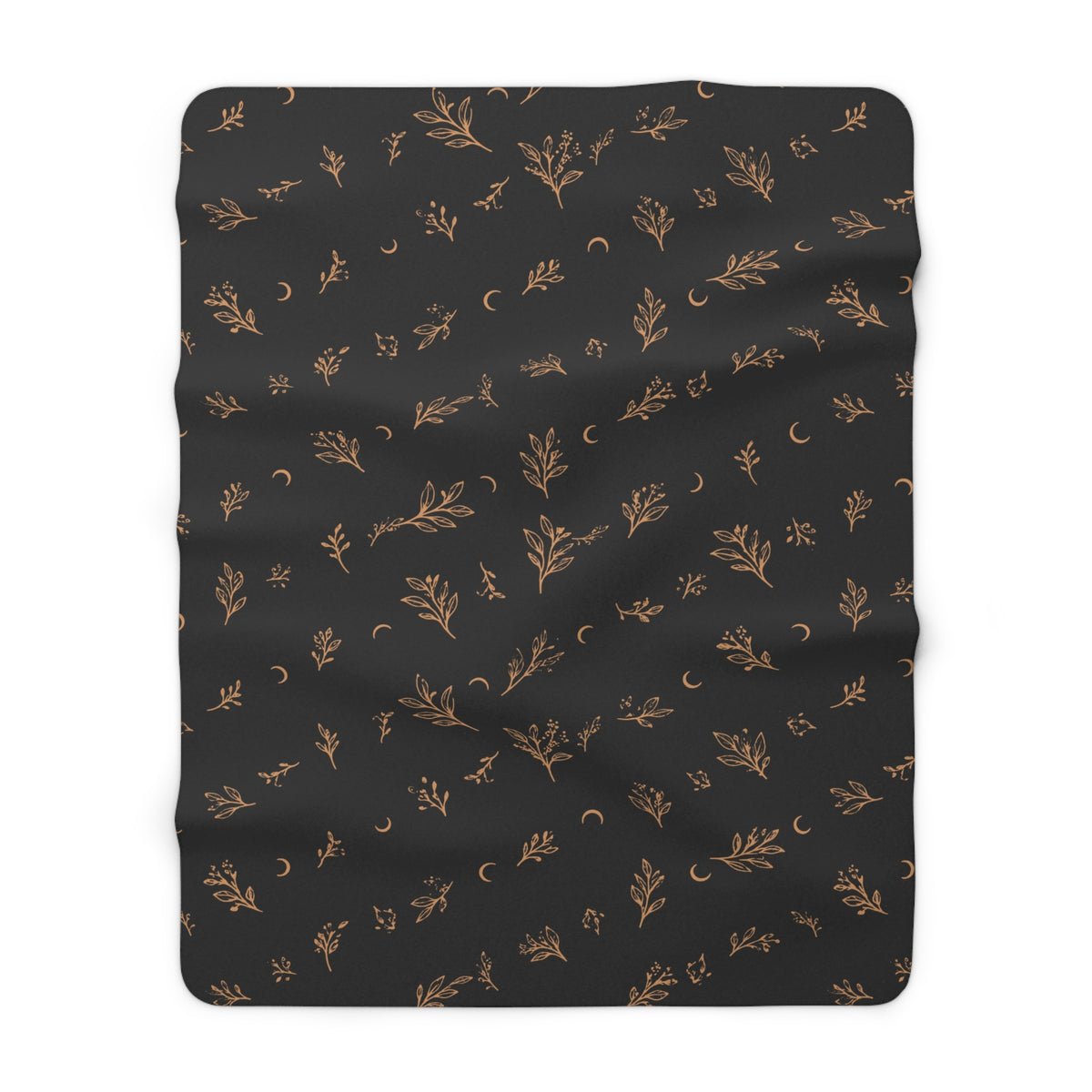 Charcoal Copper sherpa blanket, 60" × 80": charcoal with copper botanical sprigs and crescent moons