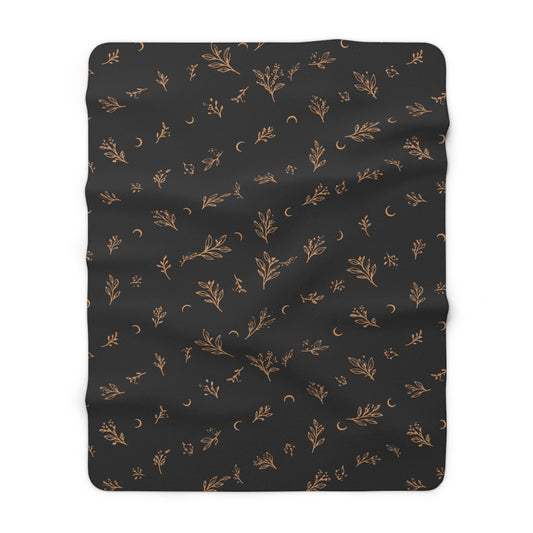 Charcoal Copper sherpa blanket, 60" × 80": charcoal with copper botanical sprigs and crescent moons