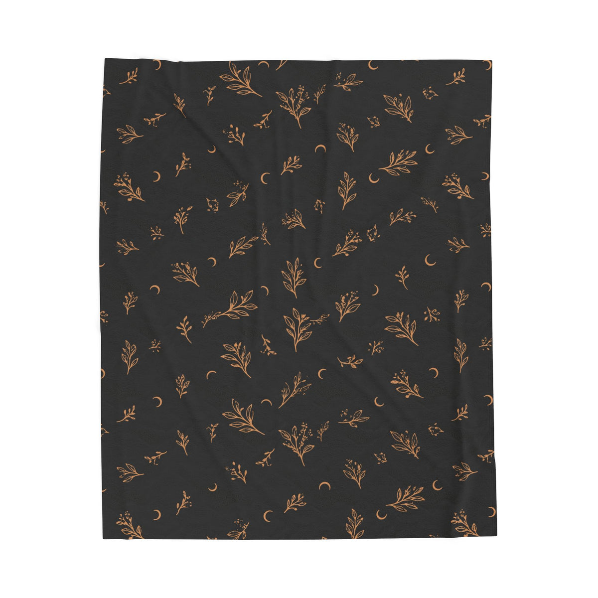Charcoal Copper plush blanket, 50" × 60": charcoal with copper botanical sprigs and crescent moons