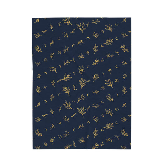 Navy Gold plush blanket, 30" × 40": deep navy with gold botanical sprigs and crescent moons