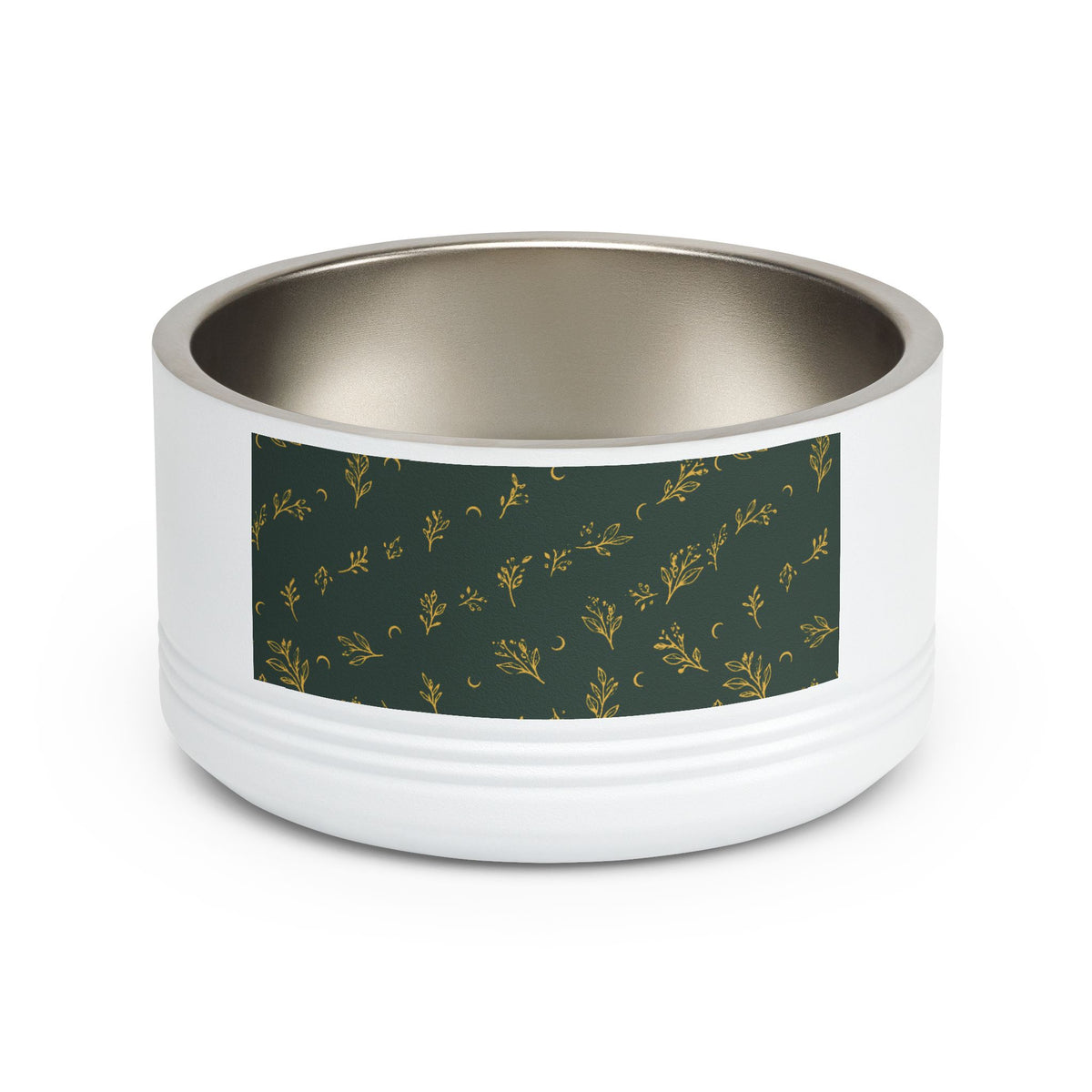Botanical Gold pet bowl, white 18 oz: front with the deep green and gold sprig print panel