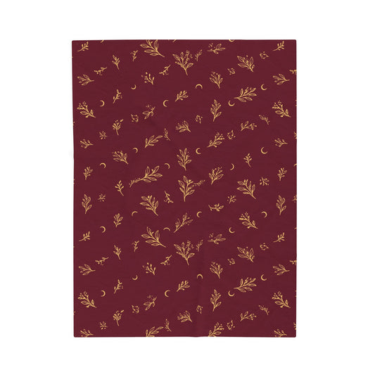 Cranberry Gold plush blanket, 30" × 40": cranberry red with gold botanical sprigs and crescent moons
