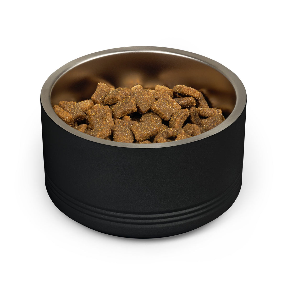 Botanical Gold pet bowl, black 18 oz: filled with kibble, plain back