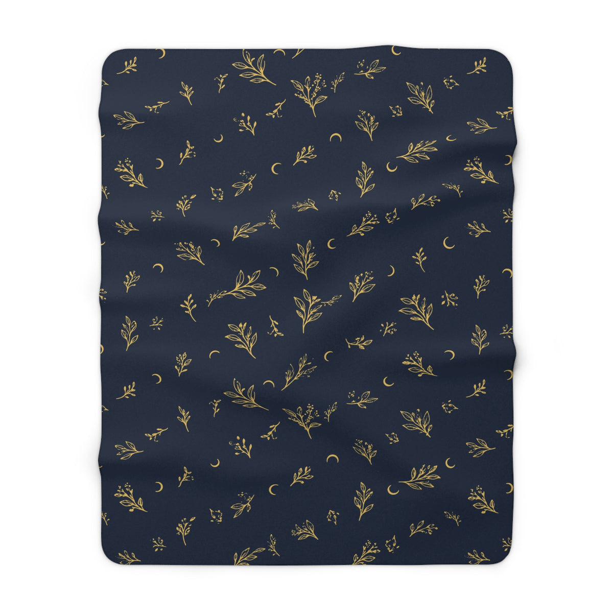Navy Gold sherpa blanket, 60" × 80": deep navy with gold botanical sprigs and crescent moons