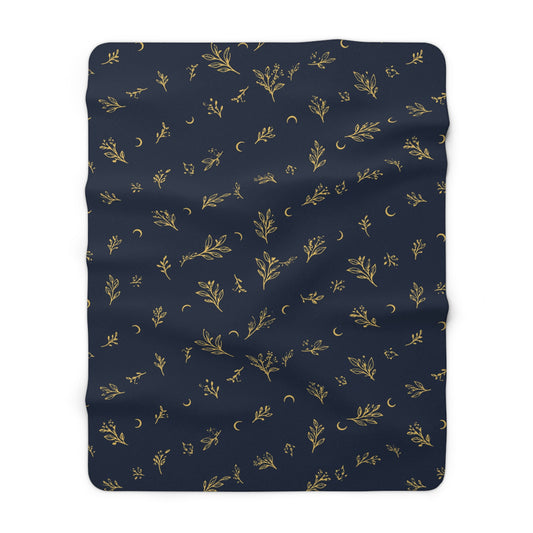 Navy Gold sherpa blanket, 60" × 80": deep navy with gold botanical sprigs and crescent moons