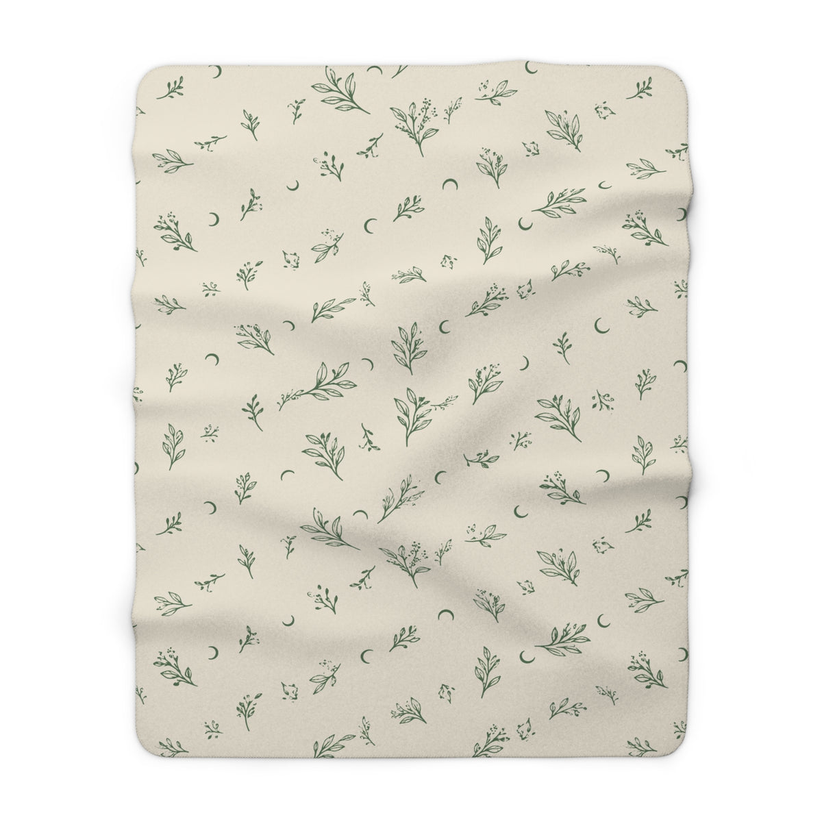 Cream Sage sherpa blanket, 60" × 80": cream with sage green botanical sprigs and crescent moons