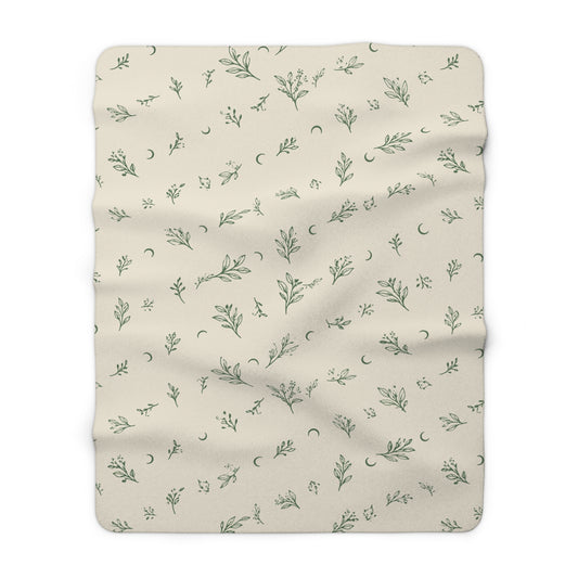 Cream Sage sherpa blanket, 60" × 80": cream with sage green botanical sprigs and crescent moons