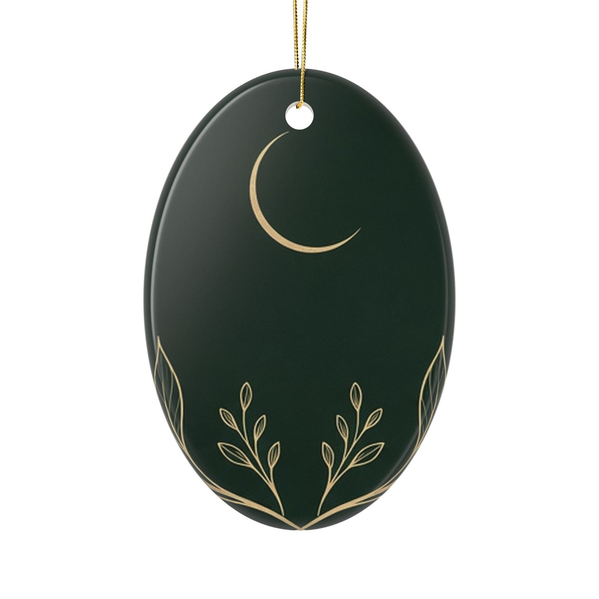 Botanical Gold ceramic ornament, oval: gold crescent moon and sprigs on deep green