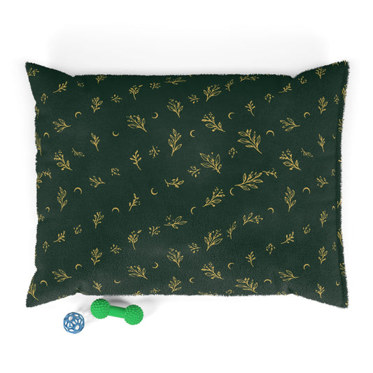Botanical Gold pet bed, 40" ร 30": deep green with gold botanical sprigs and crescent moons