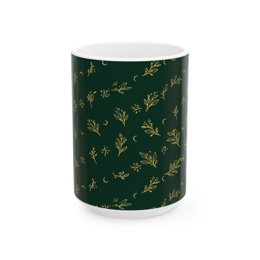 Botanical Gold ceramic mug, 15 oz: deep green with gold botanical sprigs and crescent moons, front