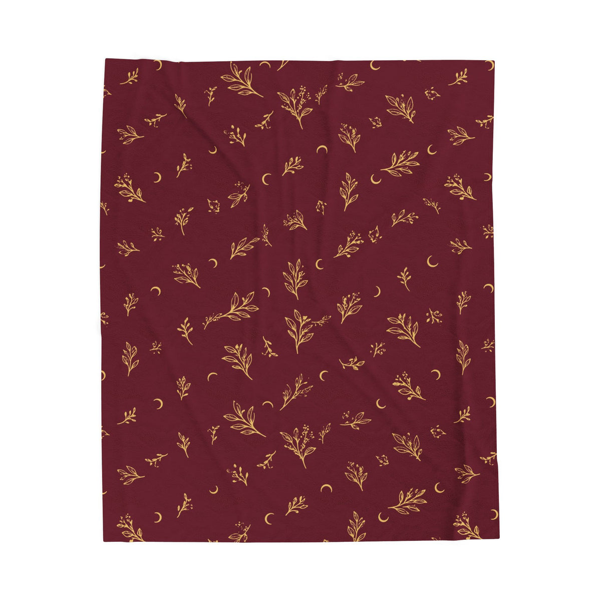 Cranberry Gold plush blanket, 50" × 60": cranberry red with gold botanical sprigs and crescent moons