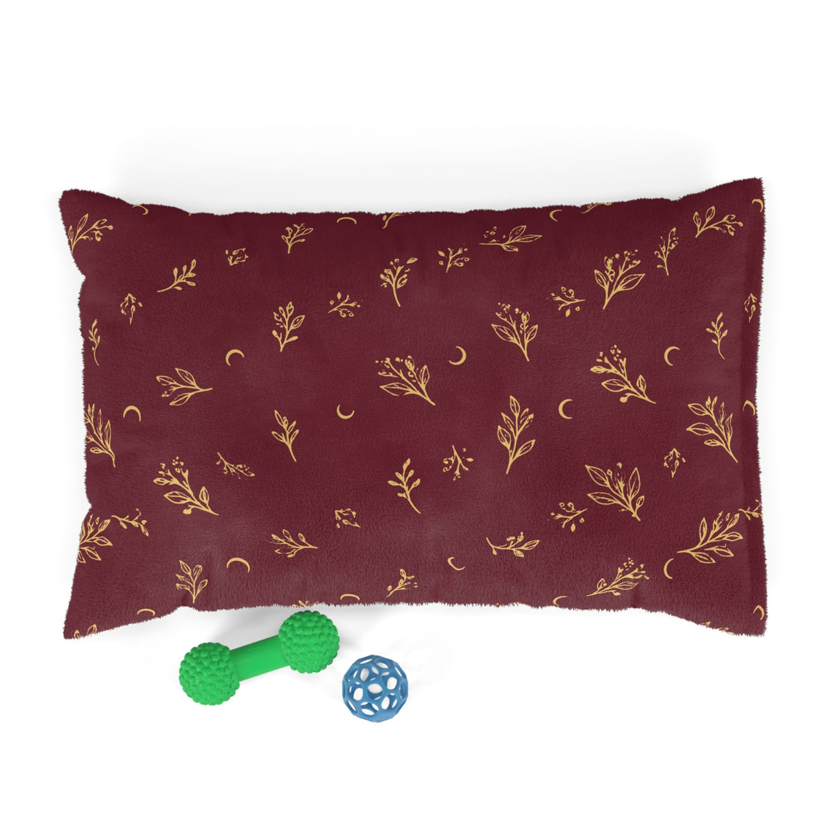 Cranberry Gold pet bed, 28" × 18": cranberry red with gold botanical sprigs and crescent moons
