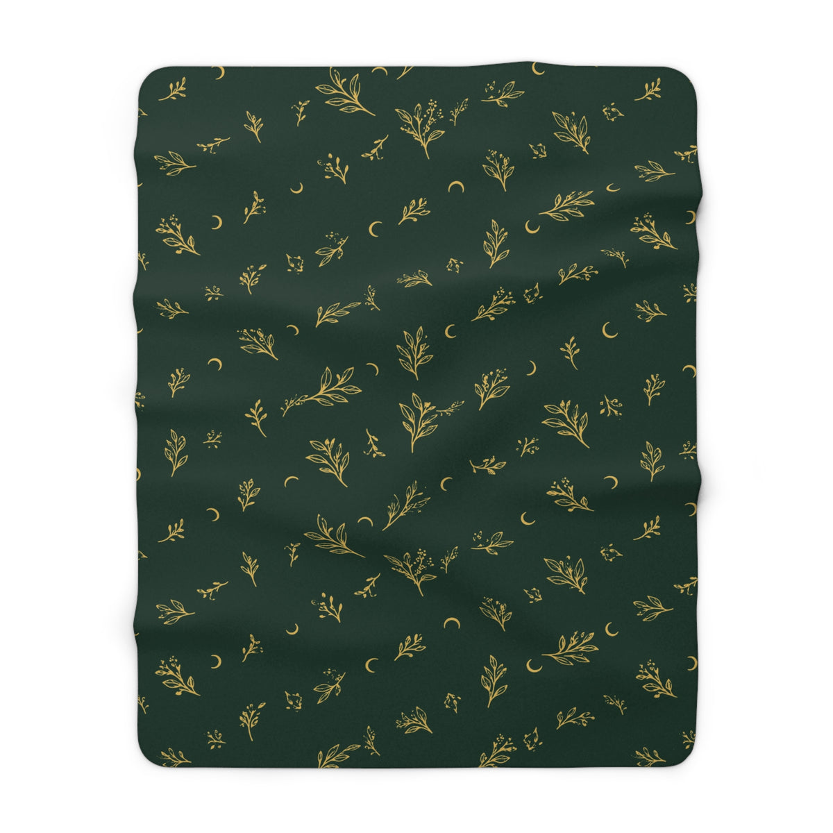 Botanical Gold sherpa blanket, 60" × 80": deep green with gold botanical sprigs and crescent moons