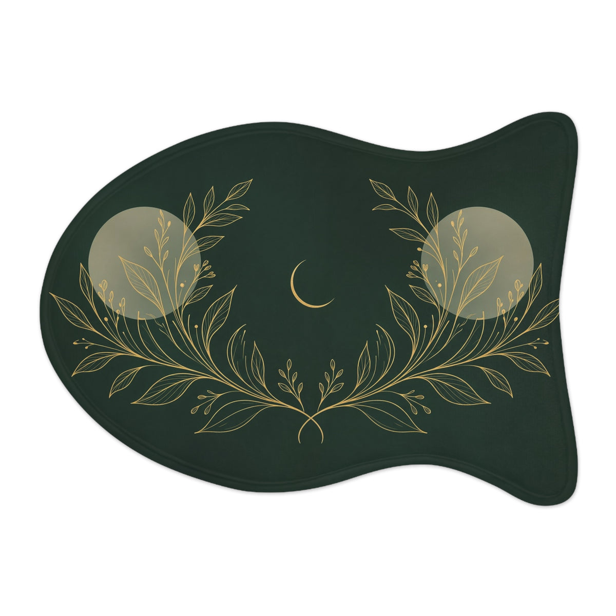 Botanical Gold fish-shaped pet feeding mat, deep green with gold botanical line art and a crescent moon