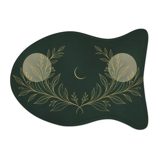 Botanical Gold fish-shaped pet feeding mat, deep green with gold botanical line art and a crescent moon
