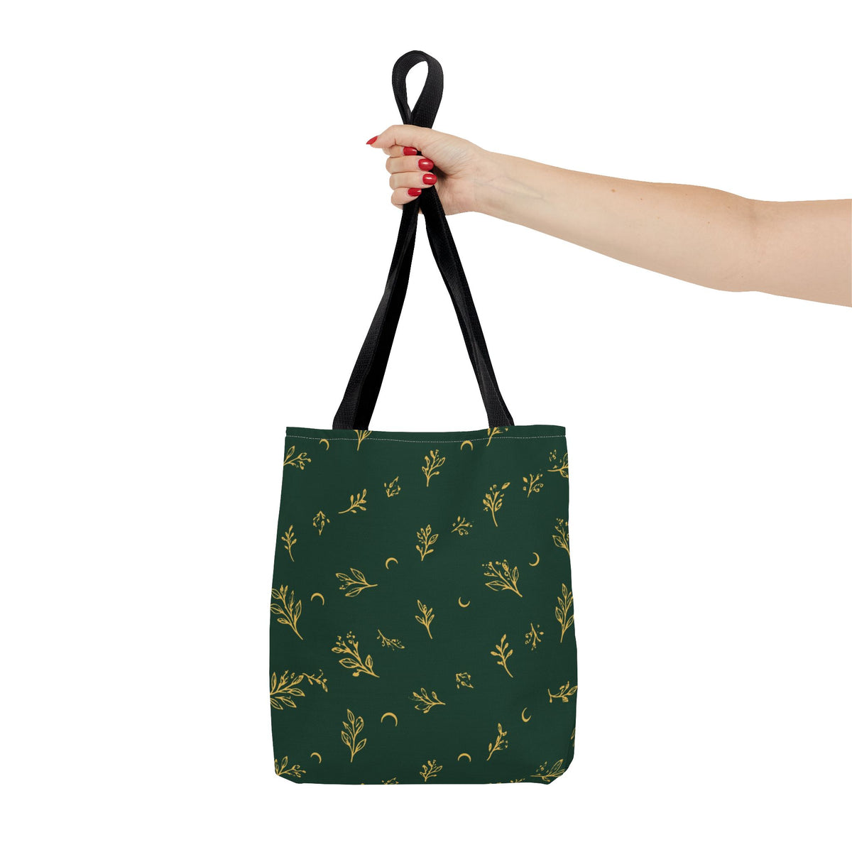 Botanical Gold tote bag, 13" × 13": carried by a person, showing its size