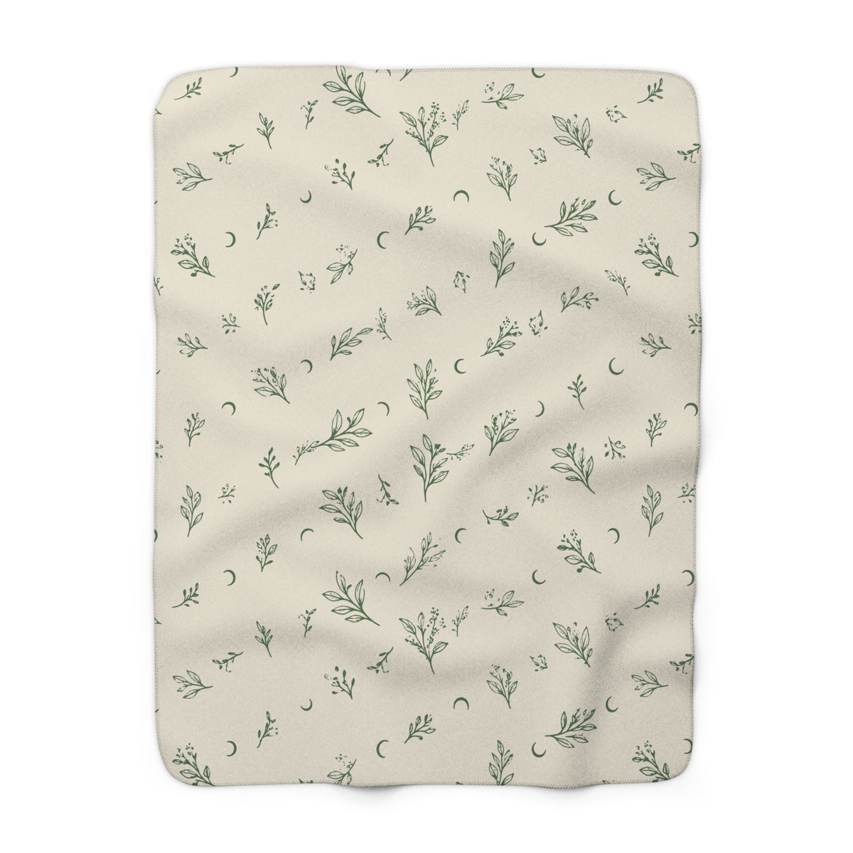 Cream Sage sherpa blanket, 50" × 60": cream with sage green botanical sprigs and crescent moons