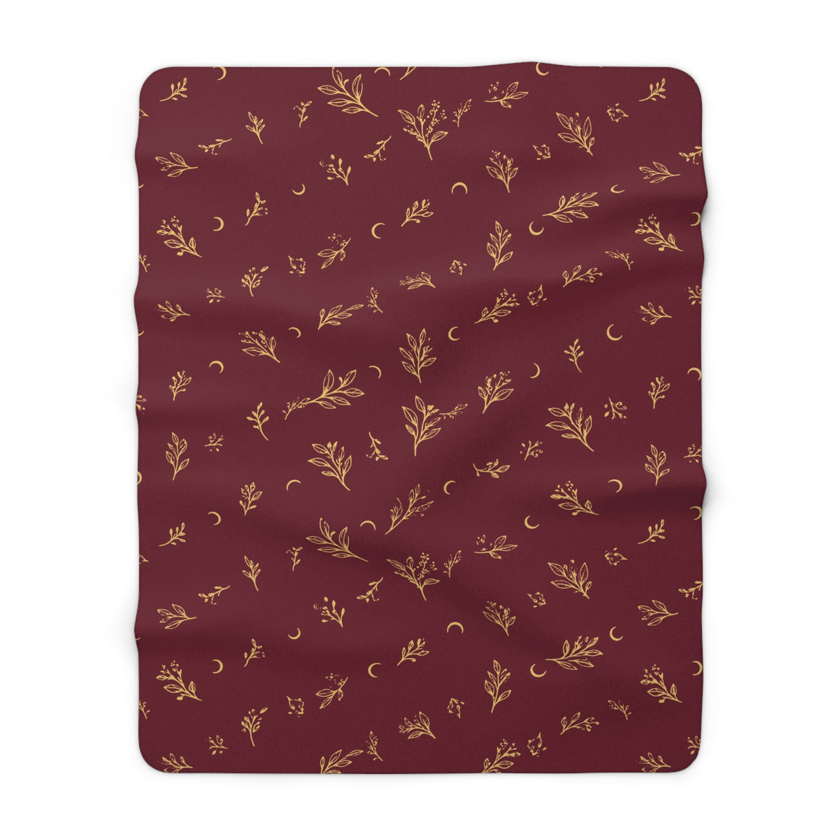 Cranberry Gold sherpa blanket, 60" × 80": cranberry red with gold botanical sprigs and crescent moons