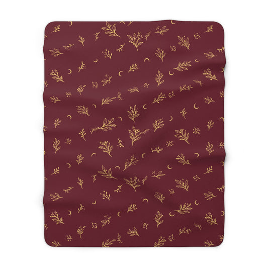 Cranberry Gold sherpa blanket, 60" × 80": cranberry red with gold botanical sprigs and crescent moons