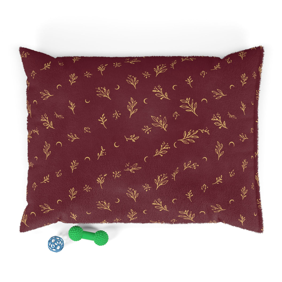Cranberry Gold pet bed, 40" × 30": cranberry red with gold botanical sprigs and crescent moons
