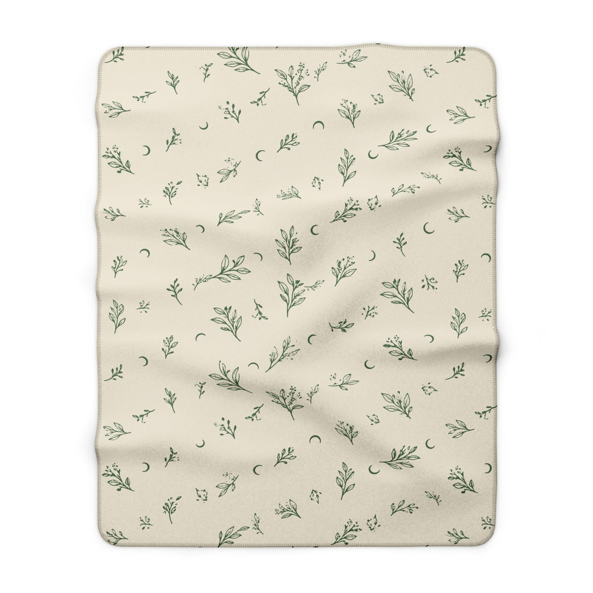 Cream Sage sherpa blanket, 30" × 40": cream with sage green botanical sprigs and crescent moons