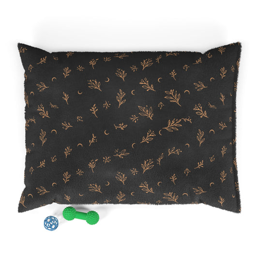 Charcoal Copper pet bed, 40" × 30": charcoal with copper botanical sprigs and crescent moons