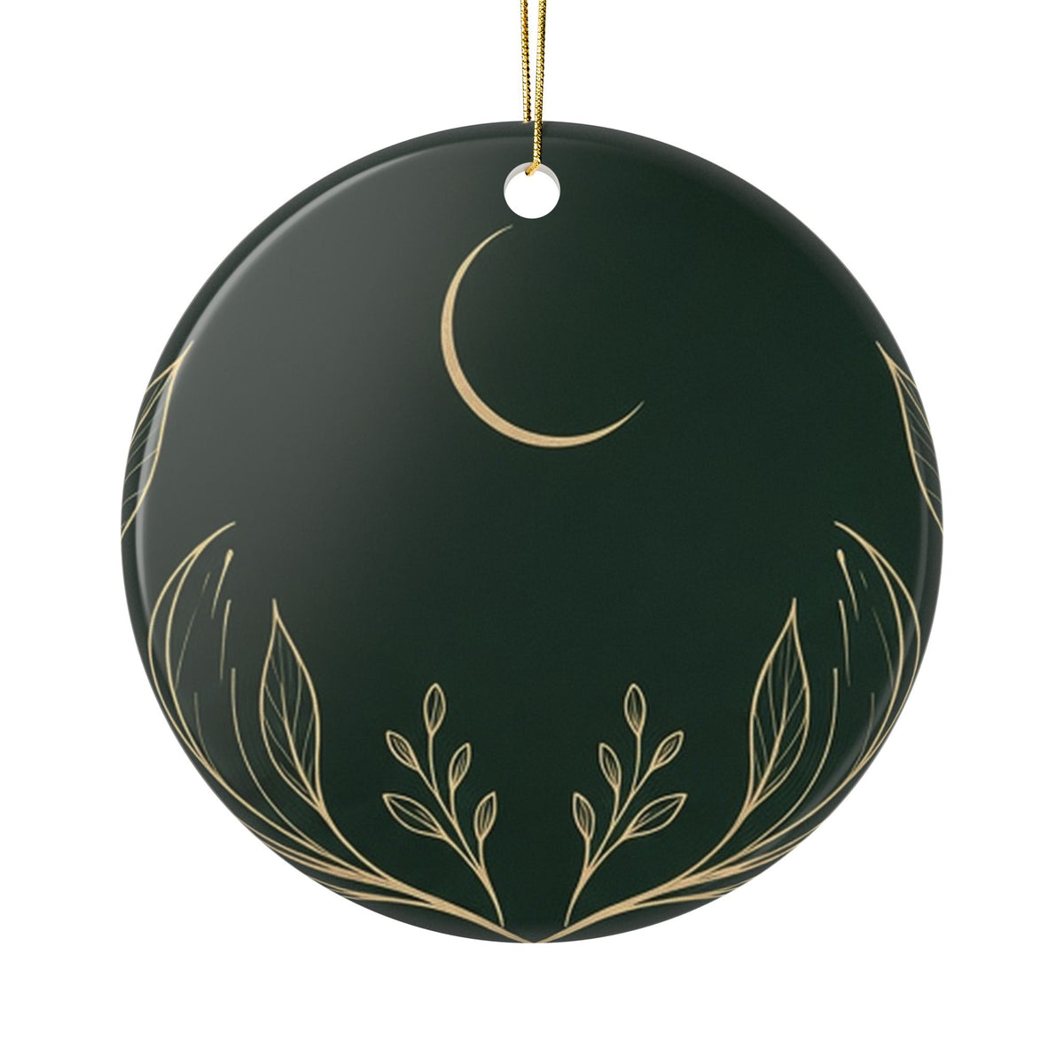 Botanical Gold ceramic ornament, circle: gold crescent moon and sprigs on deep green