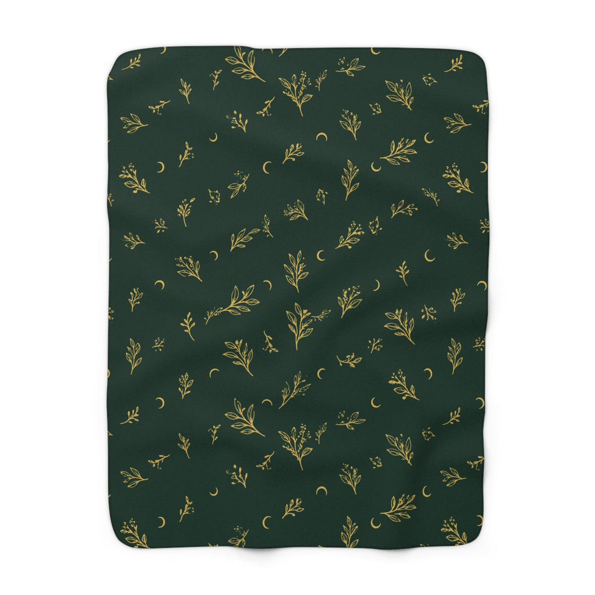 Botanical Gold sherpa blanket, 50" × 60": deep green with gold botanical sprigs and crescent moons