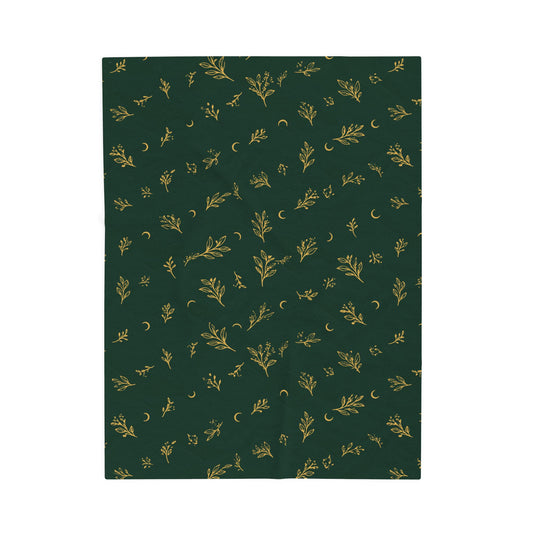 Botanical Gold plush blanket, 30" ร 40": deep green with gold botanical sprigs and crescent moons