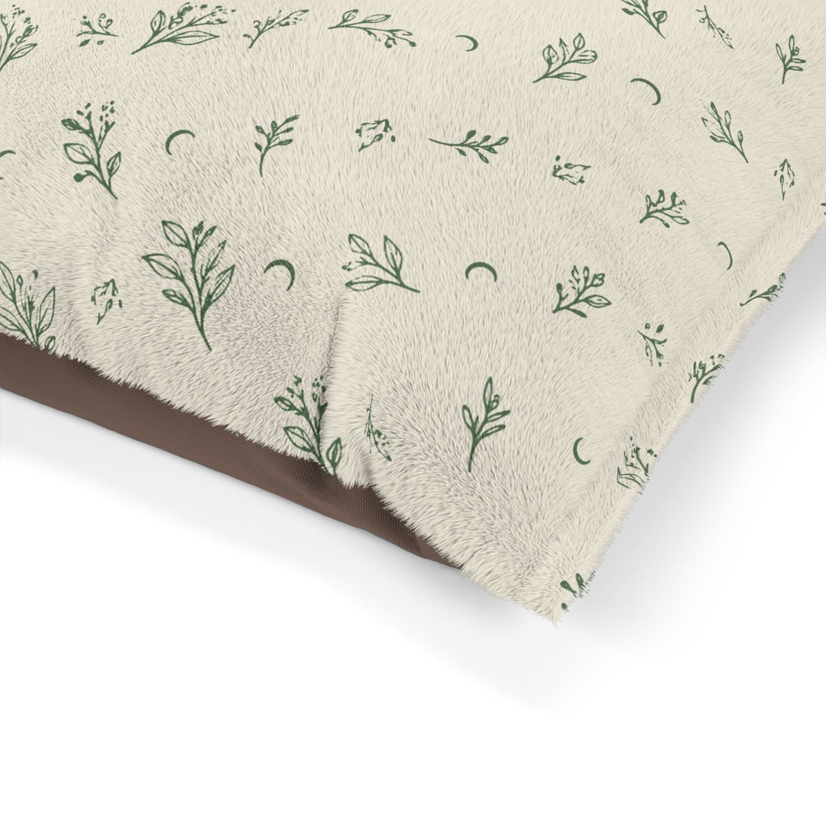 Close-up of the pet bed corner showing the print and brown underside (larger size)