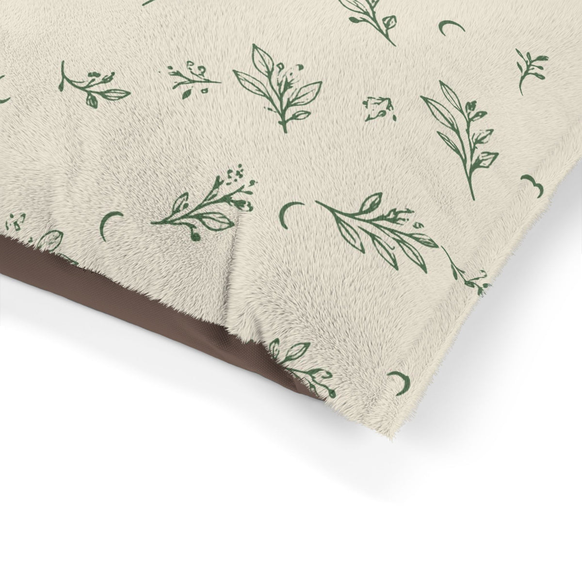 Close-up of the pet bed corner showing the print and brown underside