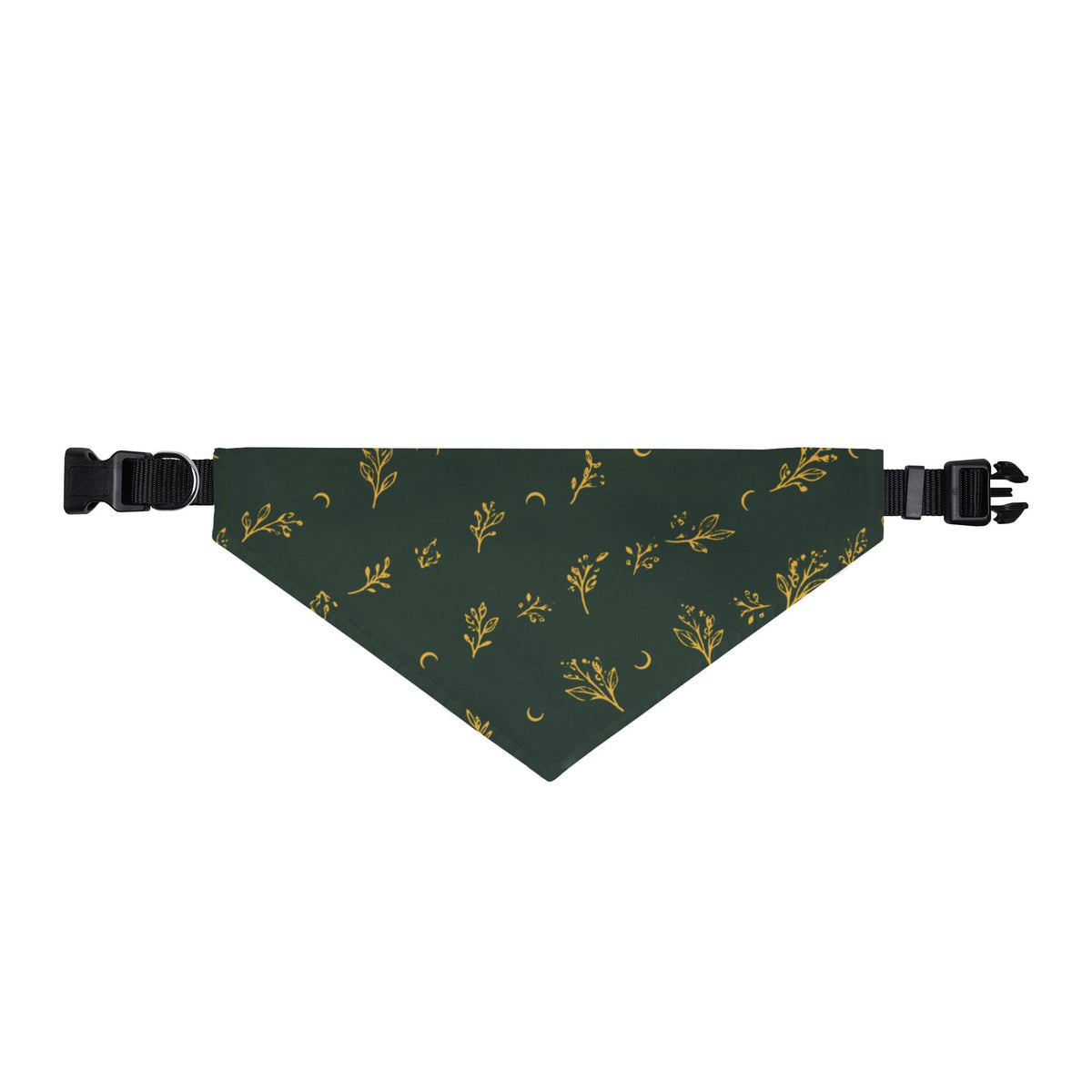 Botanical Gold clip-on pet bandana, size XL: deep green with gold sprigs and crescent moons on a plain black adjustable collar