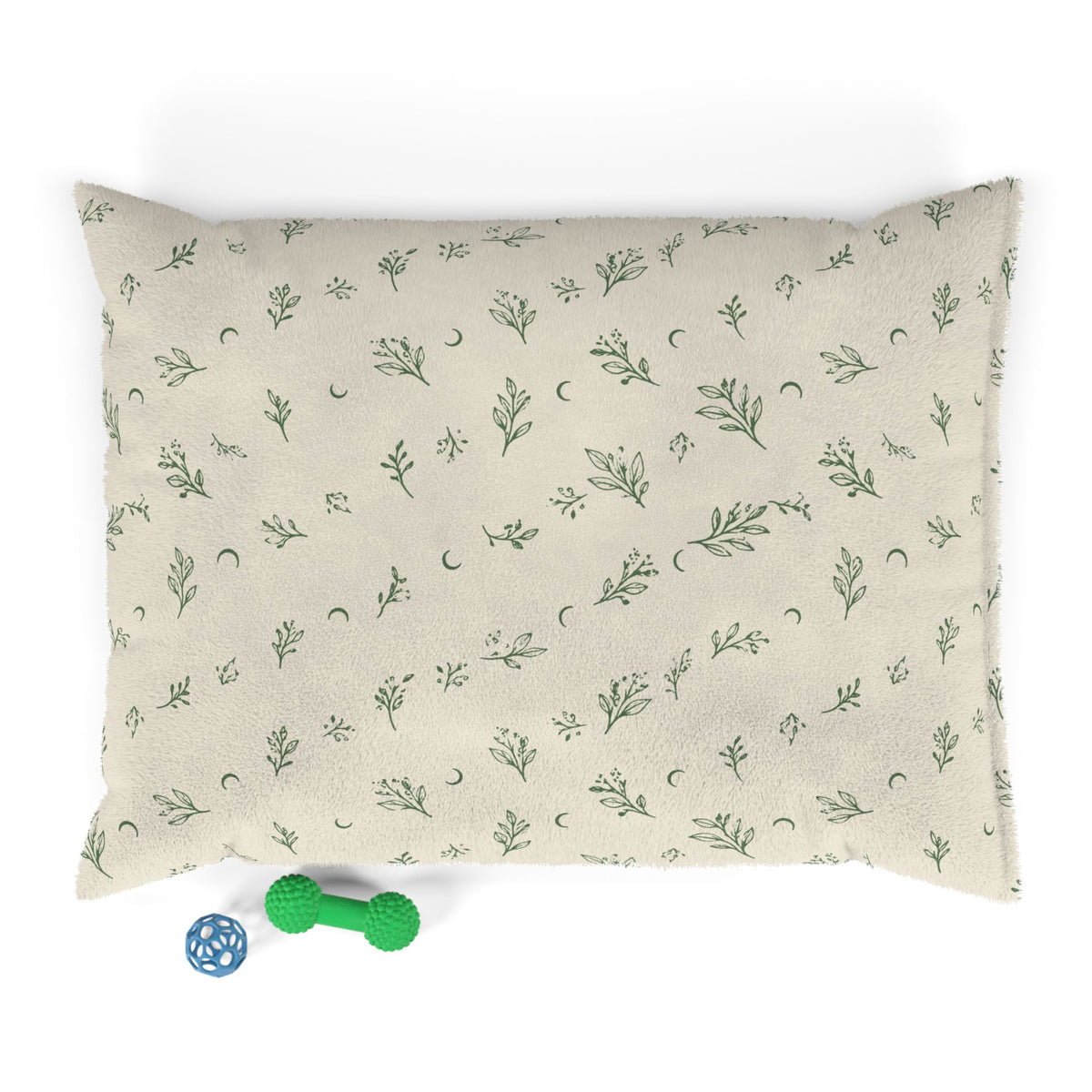 Cream Sage pet bed, 40" × 30": cream with sage green botanical sprigs and crescent moons