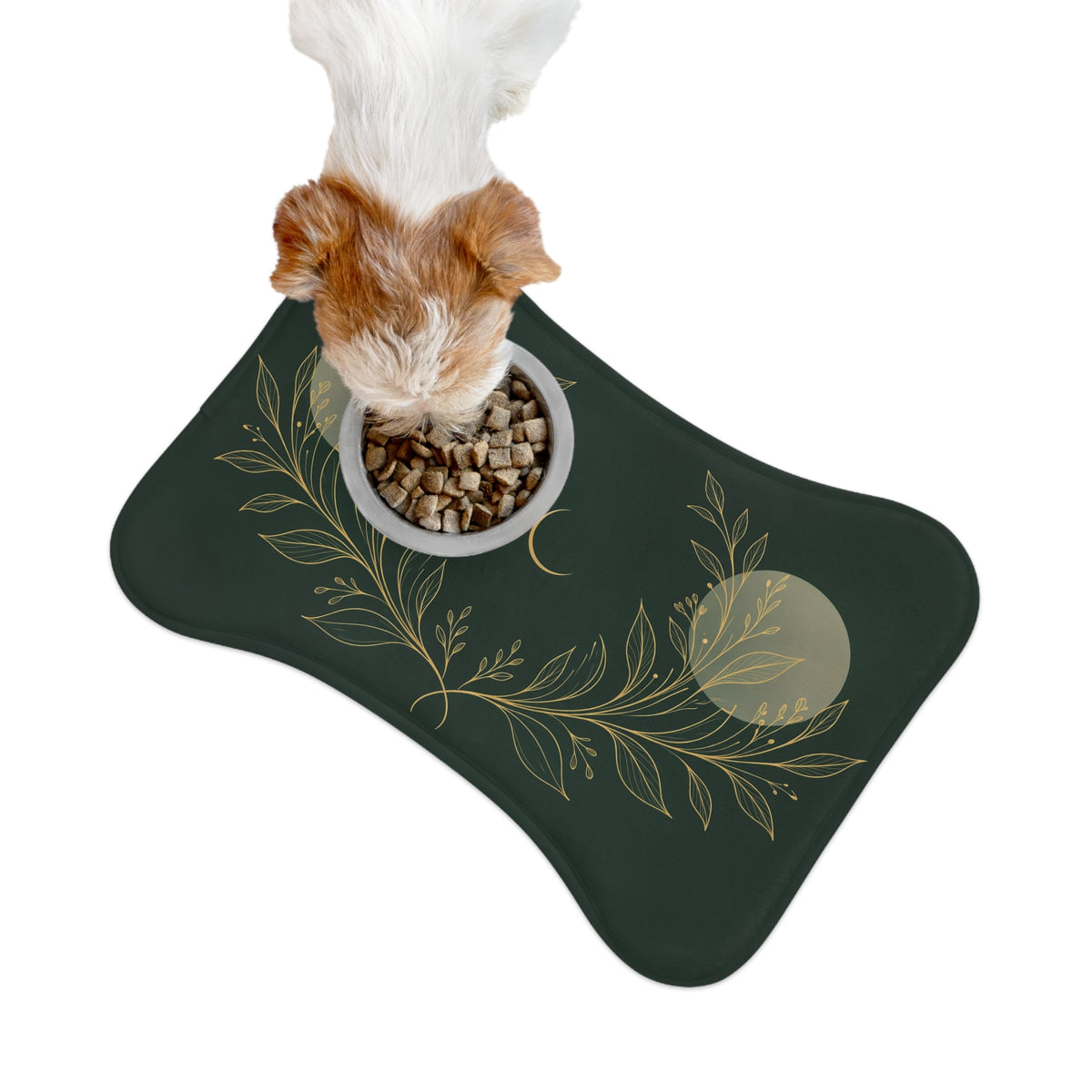 Dog eating from a bowl on the Botanical Gold bone-shaped feeding mat