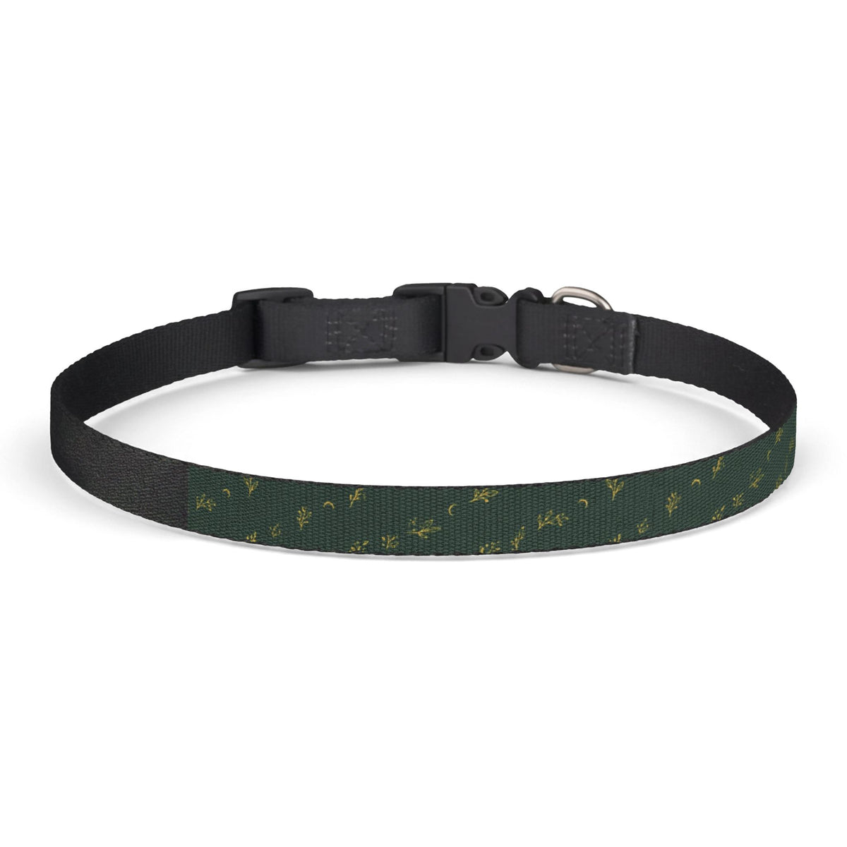 Botanical Gold pet collar, size L: deep green with gold botanical sprigs and crescent moons