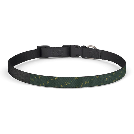 Botanical Gold pet collar, size L: deep green with gold botanical sprigs and crescent moons