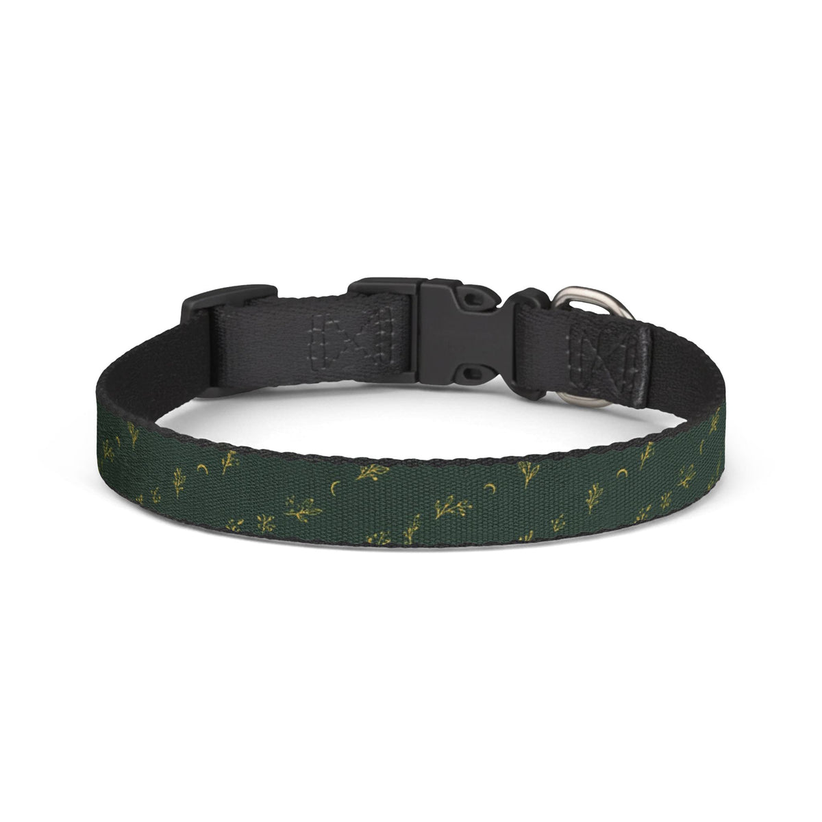Botanical Gold pet collar, size S: deep green with gold botanical sprigs and crescent moons