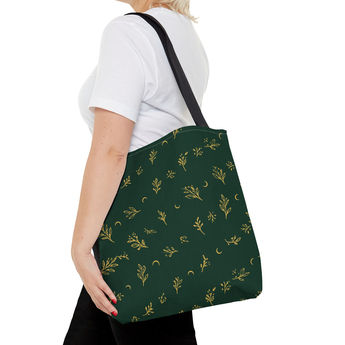 Botanical Gold tote bag, 16" × 16": carried by a person, showing its size