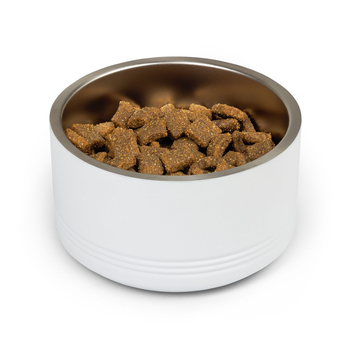 Botanical Gold pet bowl, white 18 oz: filled with kibble, plain back