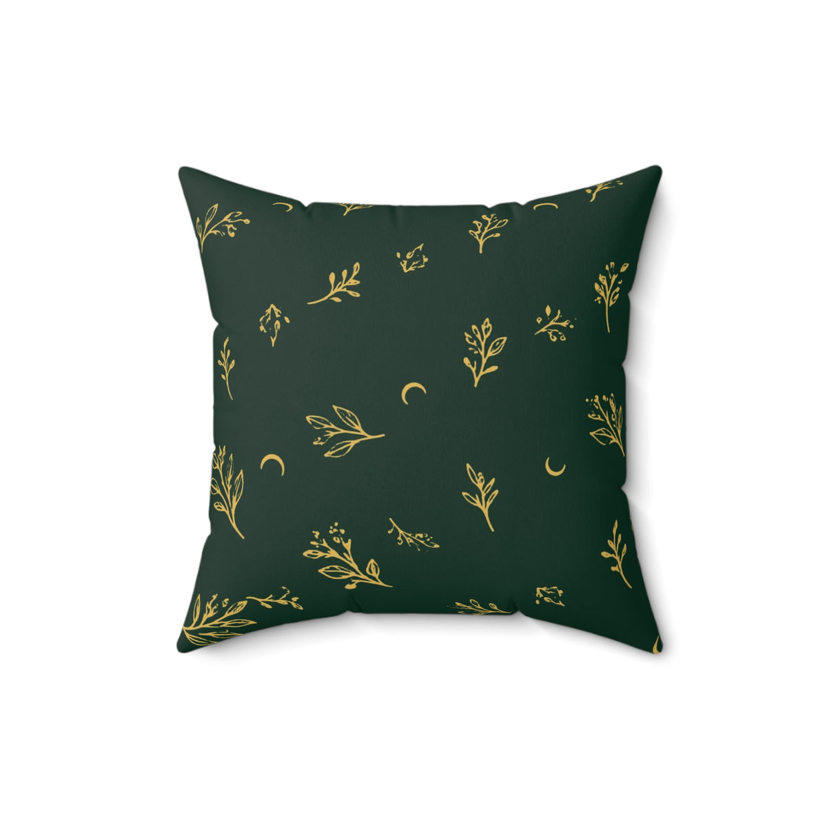 Botanical Gold throw pillow, 16" × 16": deep green with gold botanical sprigs and crescent moons, front