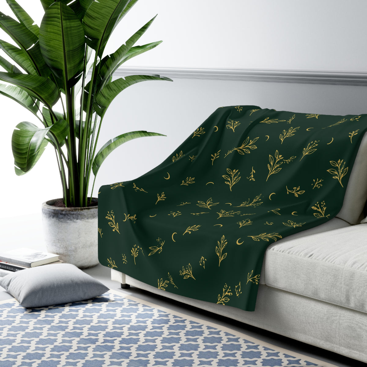 Botanical Gold sherpa blanket draped over a sofa (larger size)