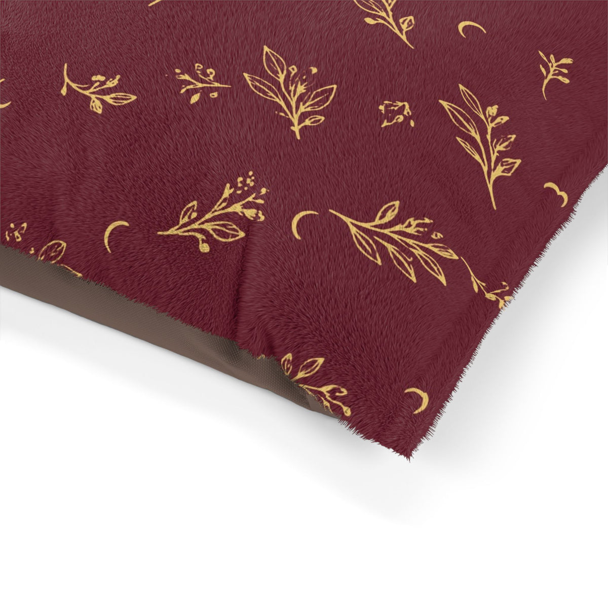 Close-up of the pet bed corner showing the print and brown underside
