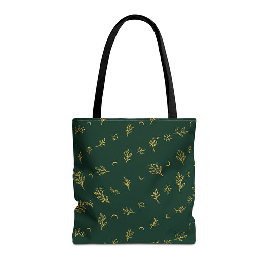 Botanical Gold tote bag, 16" ร 16": deep green with gold botanical sprigs and crescent moons, front