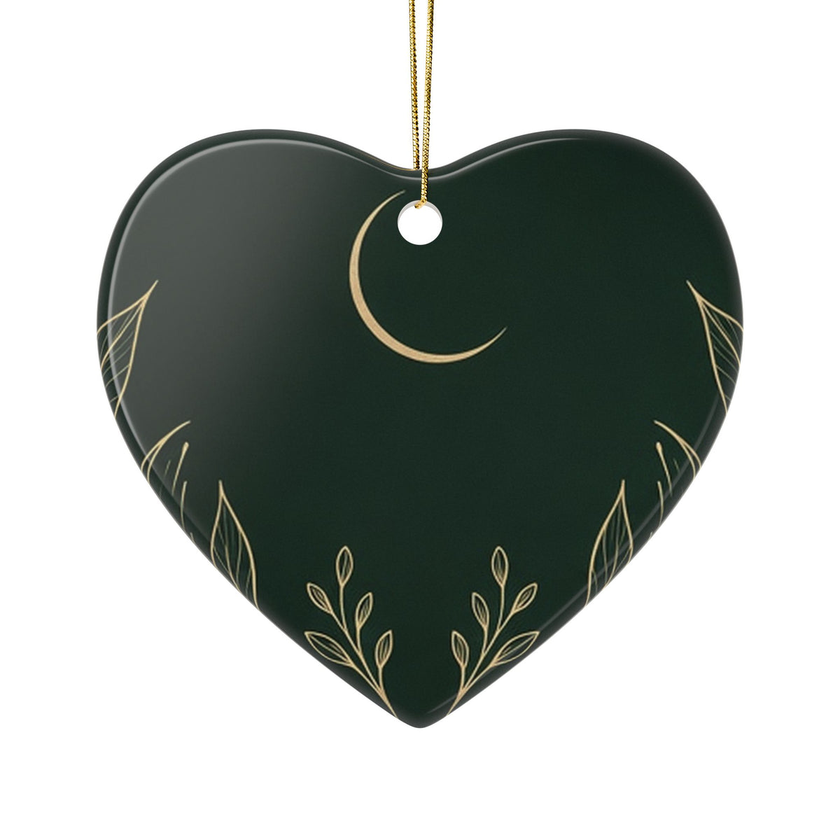 Botanical Gold ceramic ornament, heart: gold crescent moon and sprigs on deep green