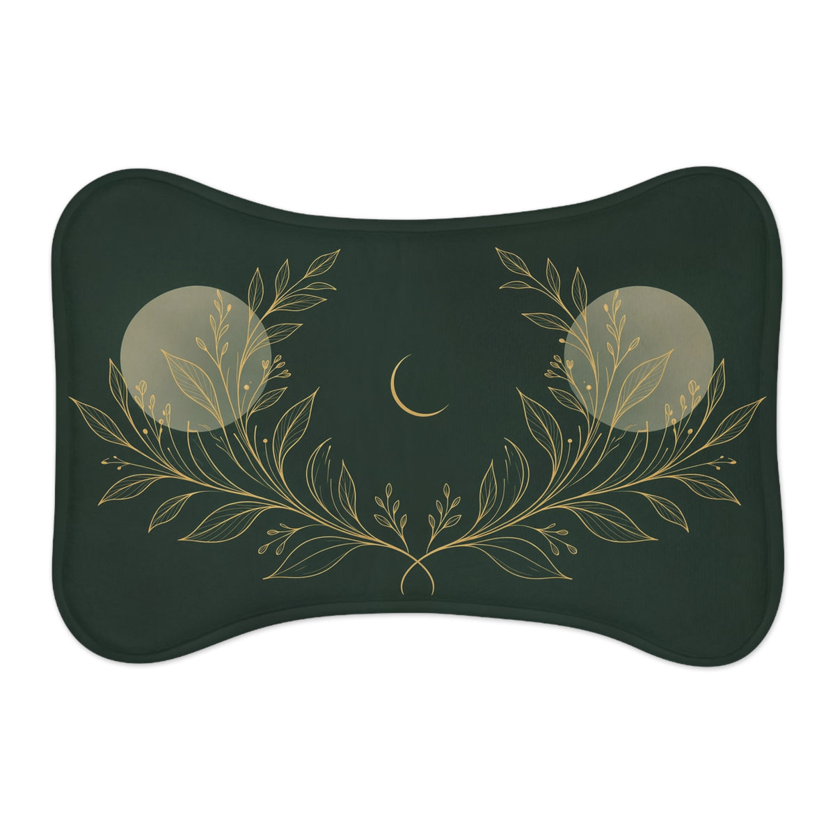 Botanical Gold bone-shaped pet feeding mat, deep green with gold botanical line art and a crescent moon