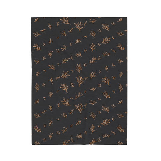 Charcoal Copper plush blanket, 30" × 40": charcoal with copper botanical sprigs and crescent moons