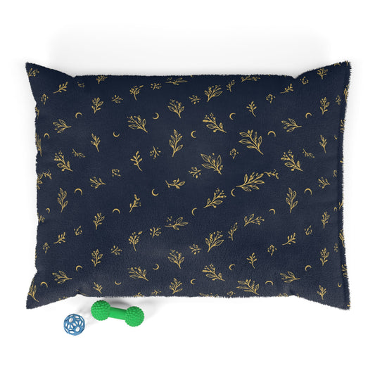 Navy Gold pet bed, 40" × 30": deep navy with gold botanical sprigs and crescent moons