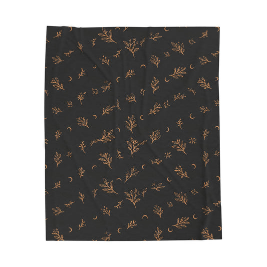 Charcoal Copper plush blanket, 50" × 60": charcoal with copper botanical sprigs and crescent moons